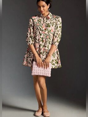 Anthropologie Maeve Bettina Tiered Mini Shirt Dress XS Pink Green Floral